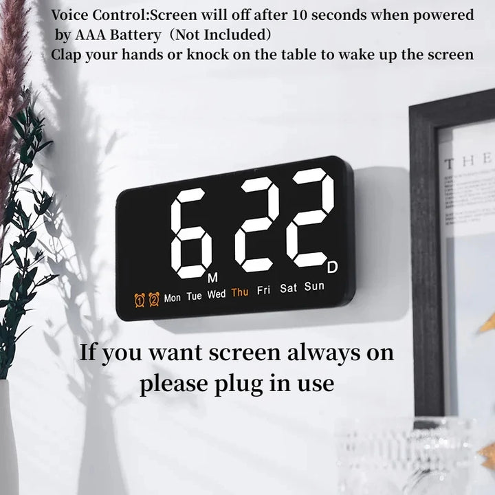 Digital Wall Clock with Voice Control, Temperature, Weekday, Snooze, Table Clock, 12/24 Hours