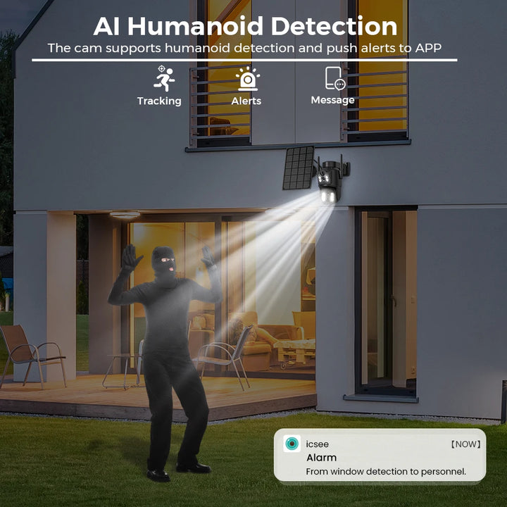 4k 8MP Solar Camera with 7800mAh Battery, Dual Lens, WIFI IP Camera, PIR Human Detection, Night Vision