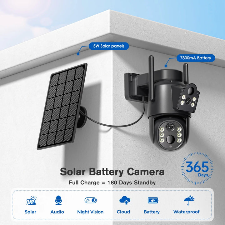 4k 8MP Solar Camera with 7800mAh Battery, Dual Lens, WIFI IP Camera, PIR Human Detection, Night Vision