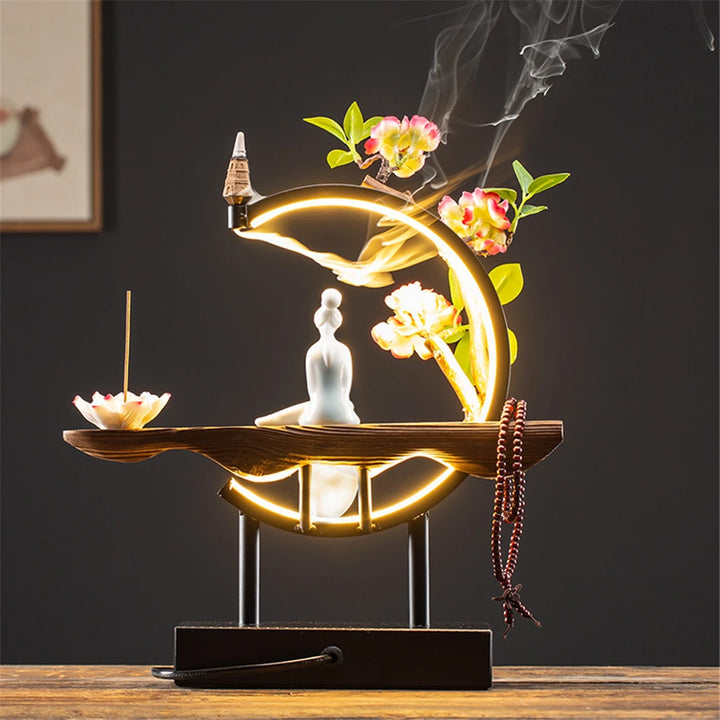 Maid Ceramic Wood Backflow Incense Burner with 20 Cones USB Led