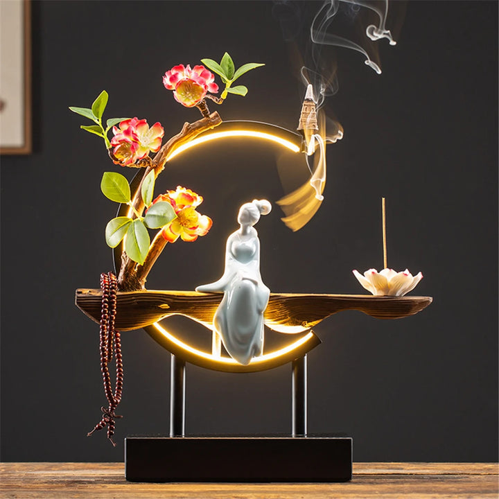 Maid Ceramic Wood Backflow Incense Burner with 20 Cones USB Led