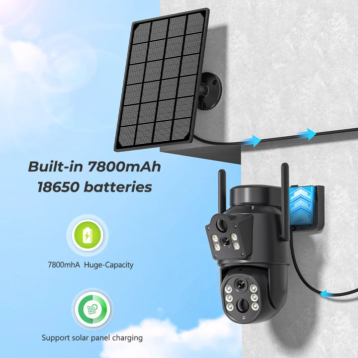 4k 8MP Solar Camera with 7800mAh Battery, Dual Lens, WIFI IP Camera, PIR Human Detection, Night Vision