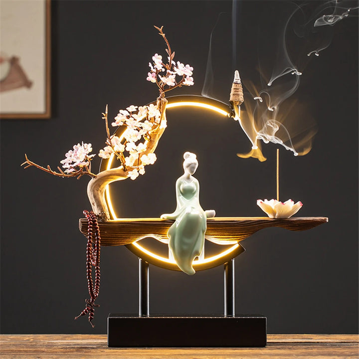 Maid Ceramic Wood Backflow Incense Burner with 20 Cones USB Led